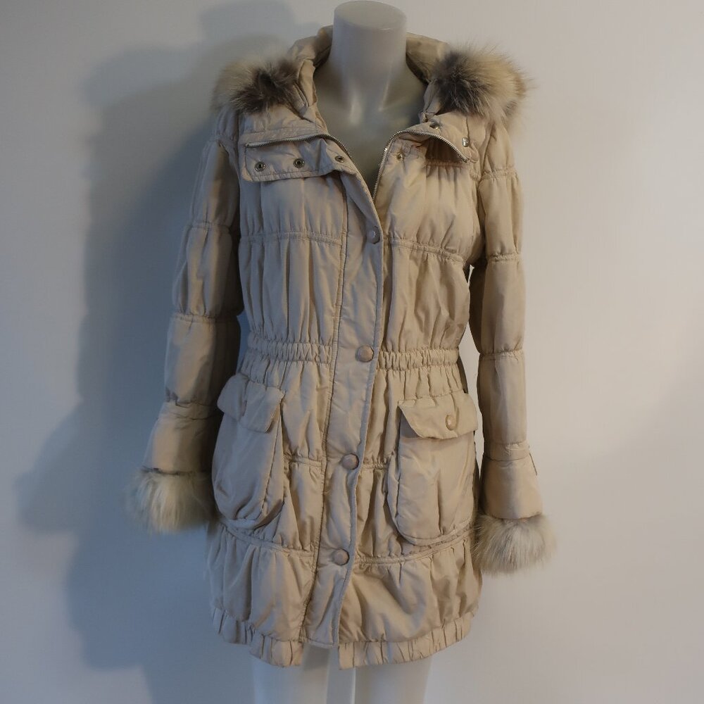 Womens Salco Beige Hooded & Belted Coat With Fox Fur 40/US S